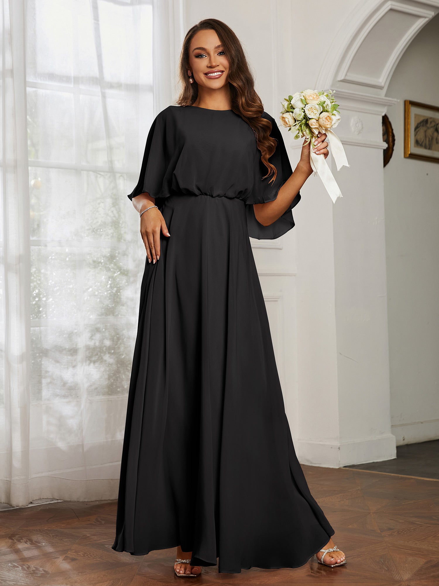 BABARONI Chiffon Black Bridesmaid Dresses Jewel Floor-length Half