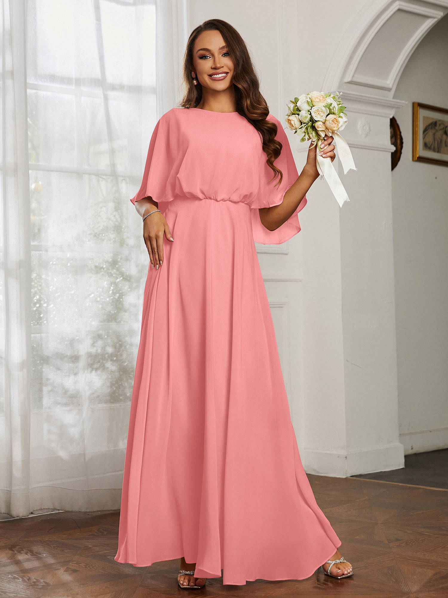 V-neck Simple Chiffon Full Length Dresses Flamingo Plus Size main image 1