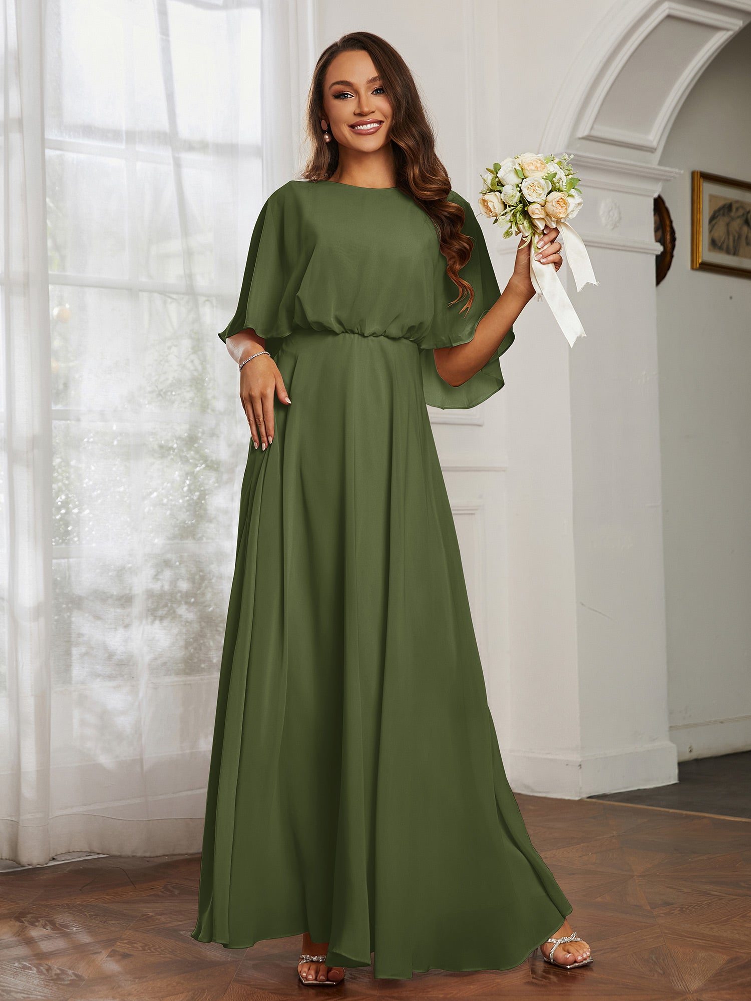 One FLUTTER SLEEVE Long Chiffon Dresses Lime Green Plus Size