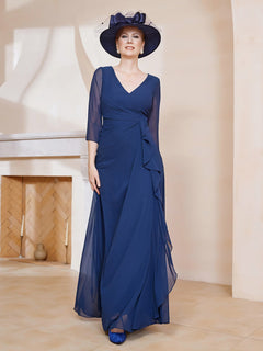 3/4-Length Sleeves V-neck Pleated Long Dress Azalea