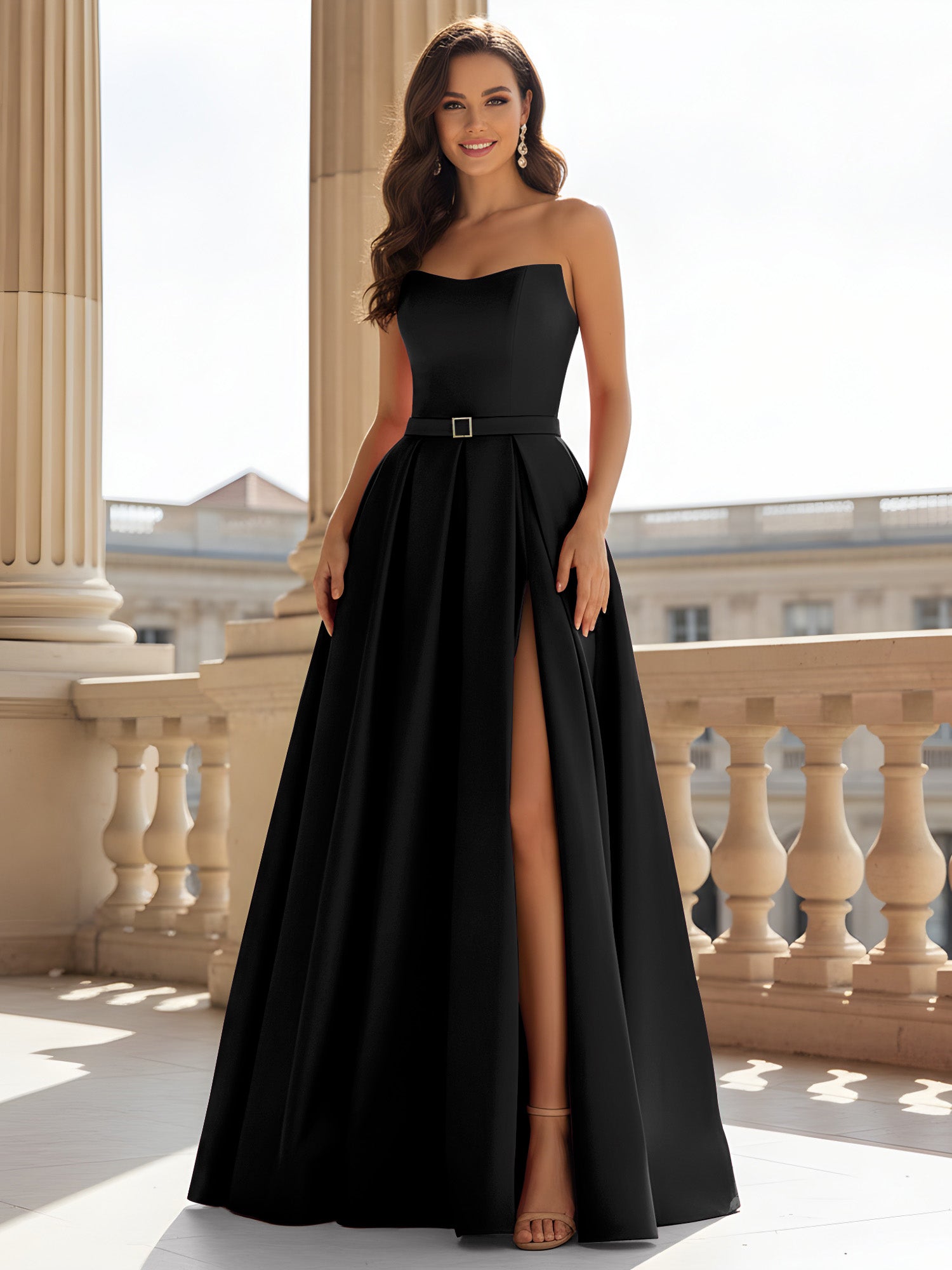 BABARONI BABARONI Satin Black Prom Dresses A-line Strapless Sleeveless With Slit Pleated, Black / US0