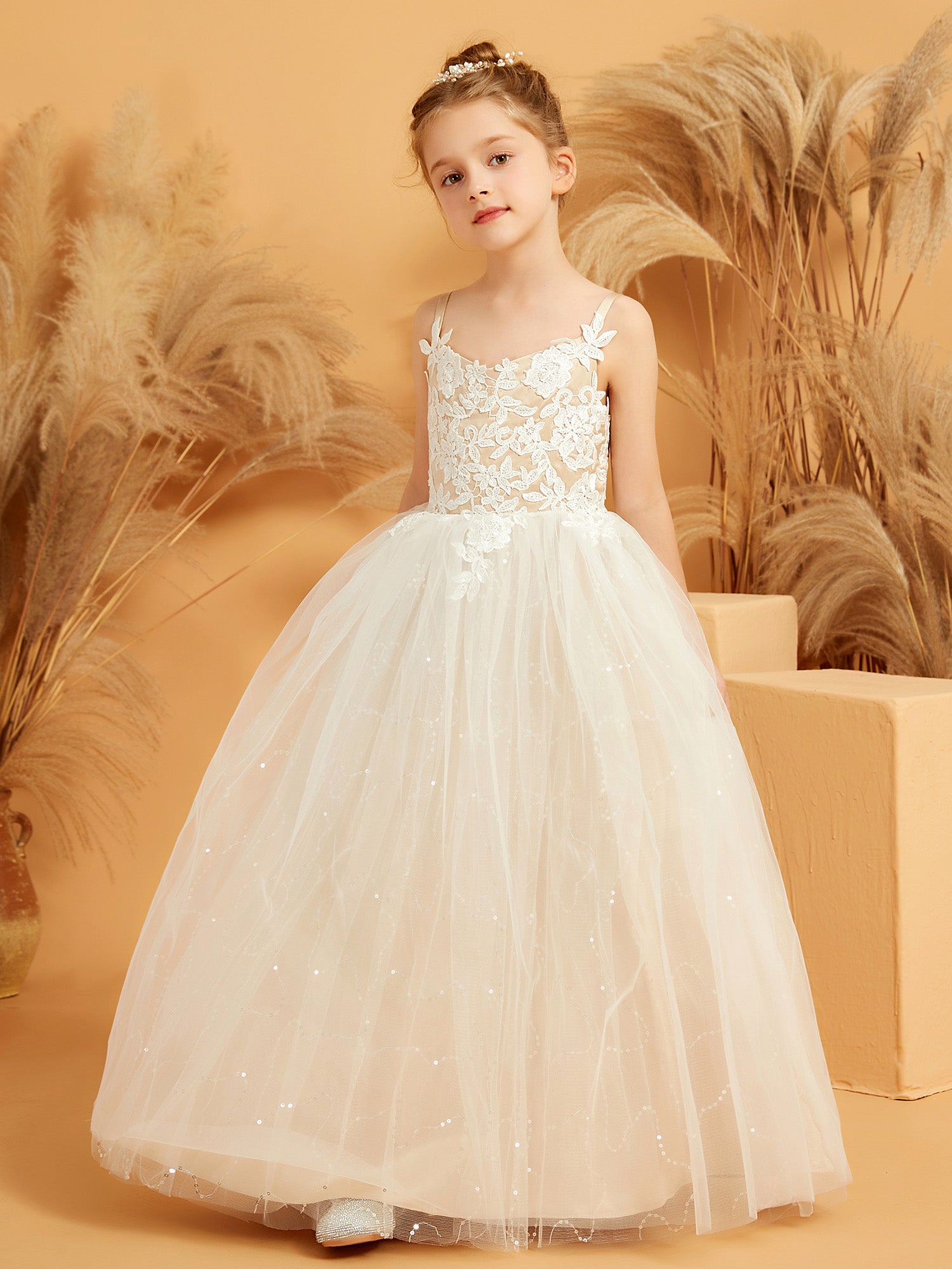 Niulatu Ball Gown Spaghetti Straps Satin Tulle Flower Girl Dress HZ1110