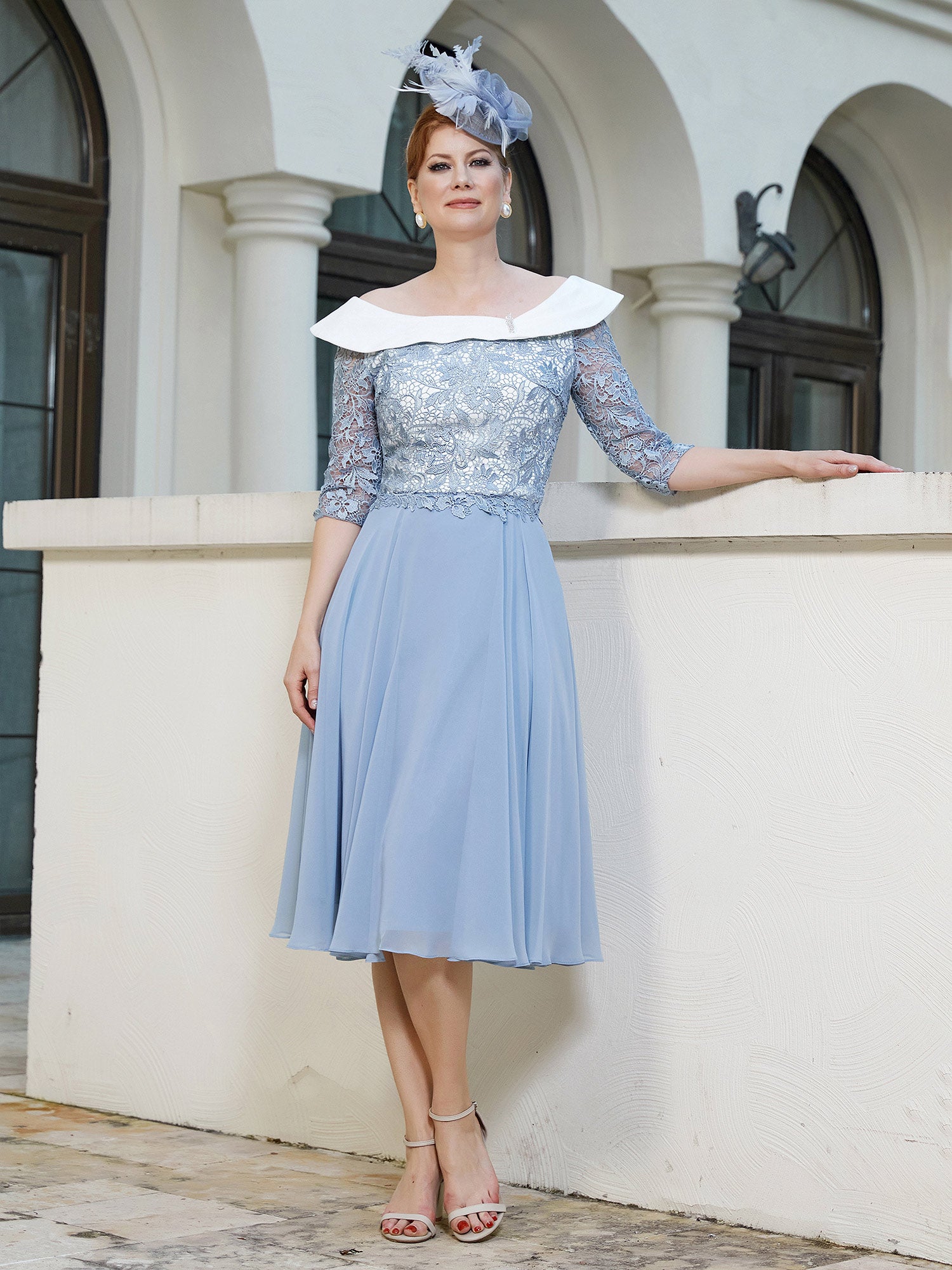 BABARONI Slimming Two-Tone Mother of the Bride Dress - Elegant Tea-Length Chiffon & Lace Gown with A-Line Silhouette BABARONI Slimming Two-Tone Mother of the Bride Dress - Elegant Tea-Length Chiffon & Lace Gown with A-Line Silhouette
