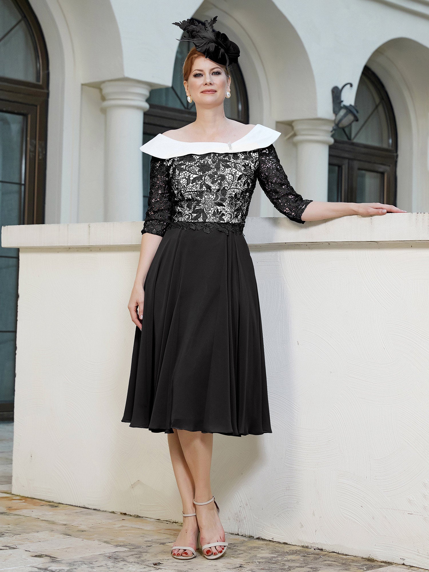 BABARONI Chiffon Black Mother of the Bride Dresses A-line Scoop Elbow