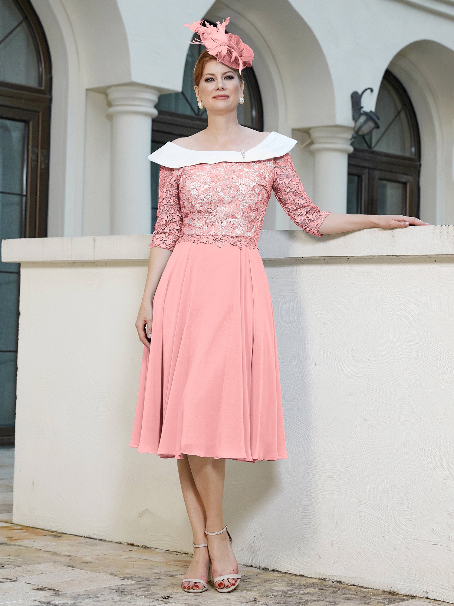 BABARONI Slimming Two-Tone Mother of The Bride Dress - Elegant Tea-Length Chiffon & Lace Gown with A-Line Silhouette