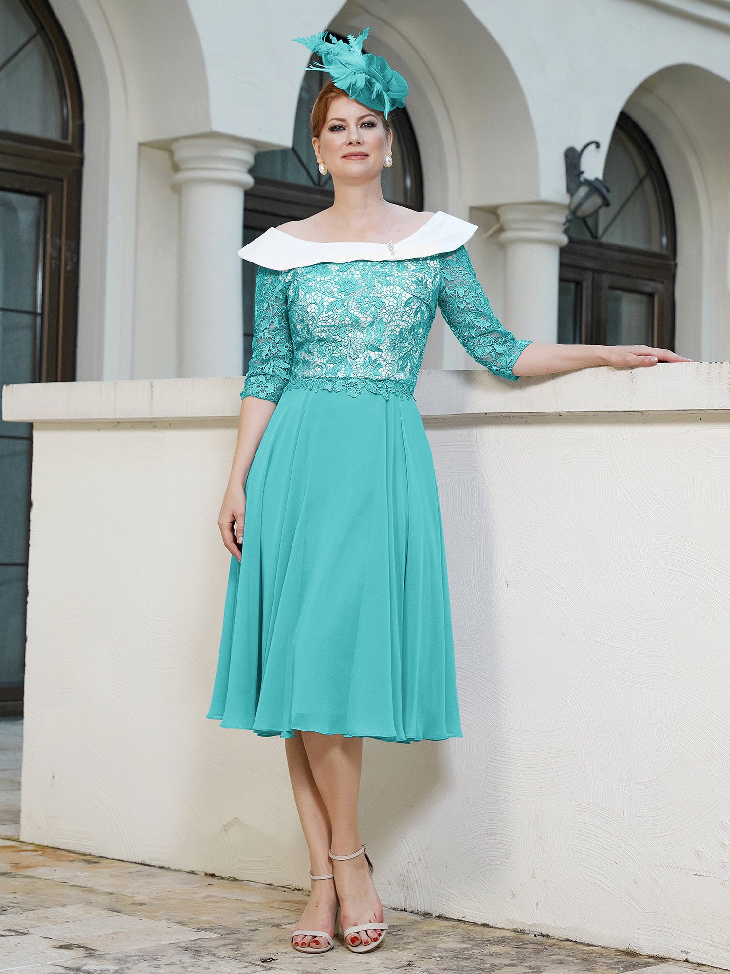 BABARONI Chiffon Jade Mother of the Bride Dresses A-line Scoop Elbow Sleeve  Lace Applique Tea-length
