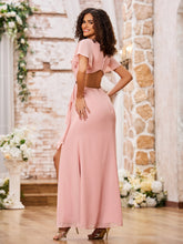 V-neck Cap Sleeves Open Back Maxi Dresses with Slit Dusty Rose