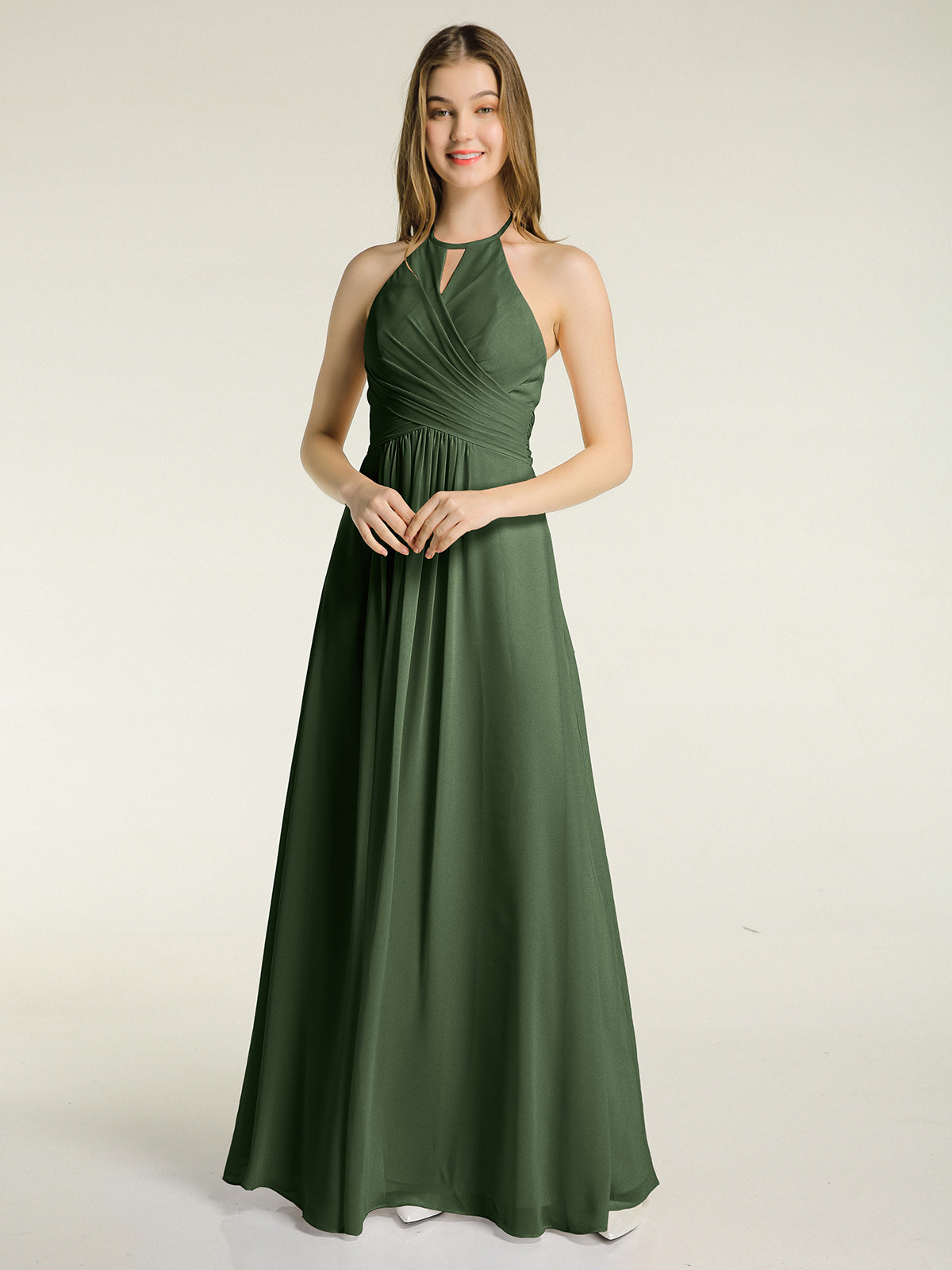CASCADE SKIRT Long Chiffon Gowns with V Neck Olive Green Plus Size