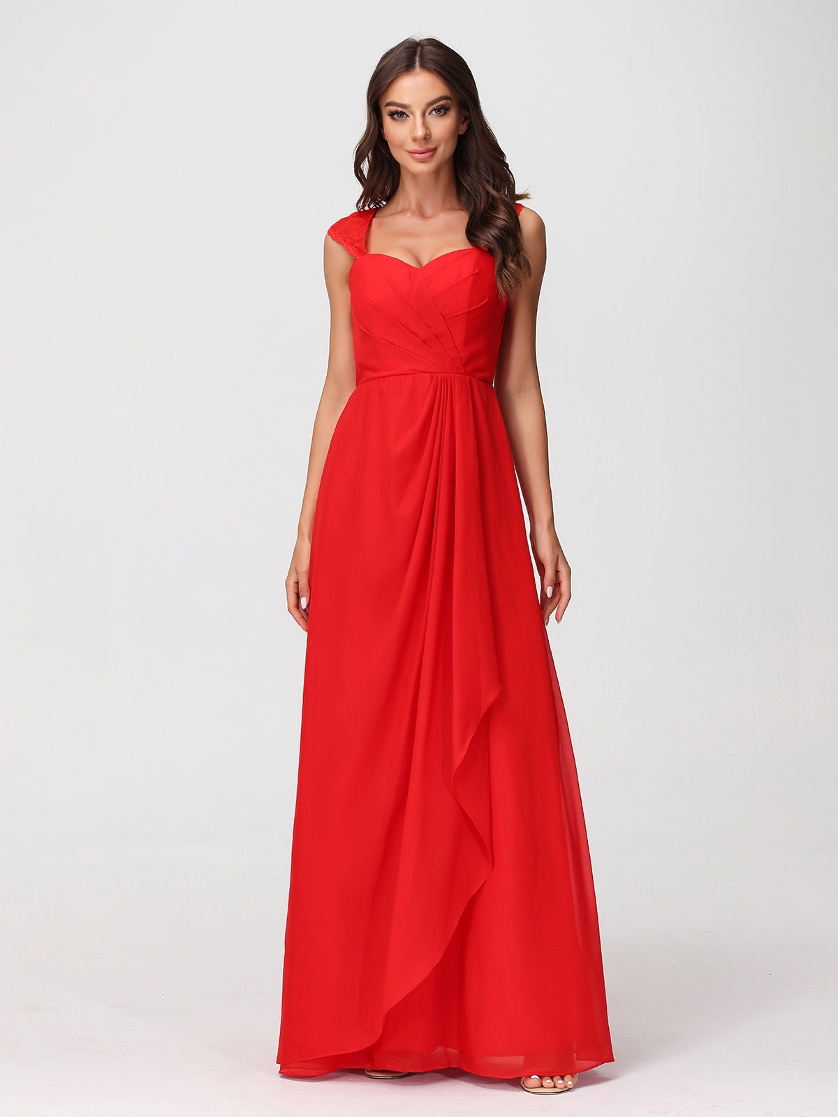 BABARONI Chiffon Red Bridesmaid Dresses Sweetheart Floor-length Cap Sleeve Ruffle A-line, Red / US18