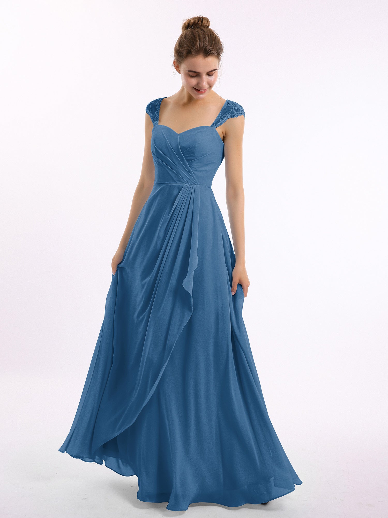 BABARONI Chiffon Ink Blue Bridesmaid Dresses Sweetheart Floor-length