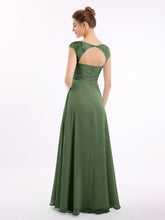 Chiffon Bridesmaid Dresses with Lace Cap Sleeves-Olive Green