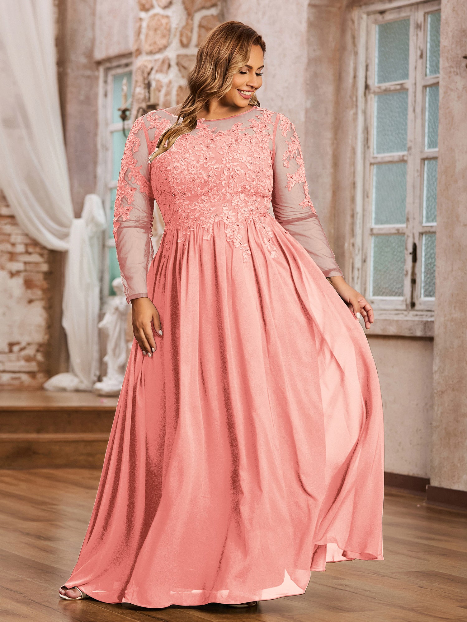 coral colored lace dress Plus Size Chiffon Bridesmaid Applique Long Sleeve Formal Gown Western Dresses Country Wedding tie evenings with a SCH005178_PA Rental term:4 days