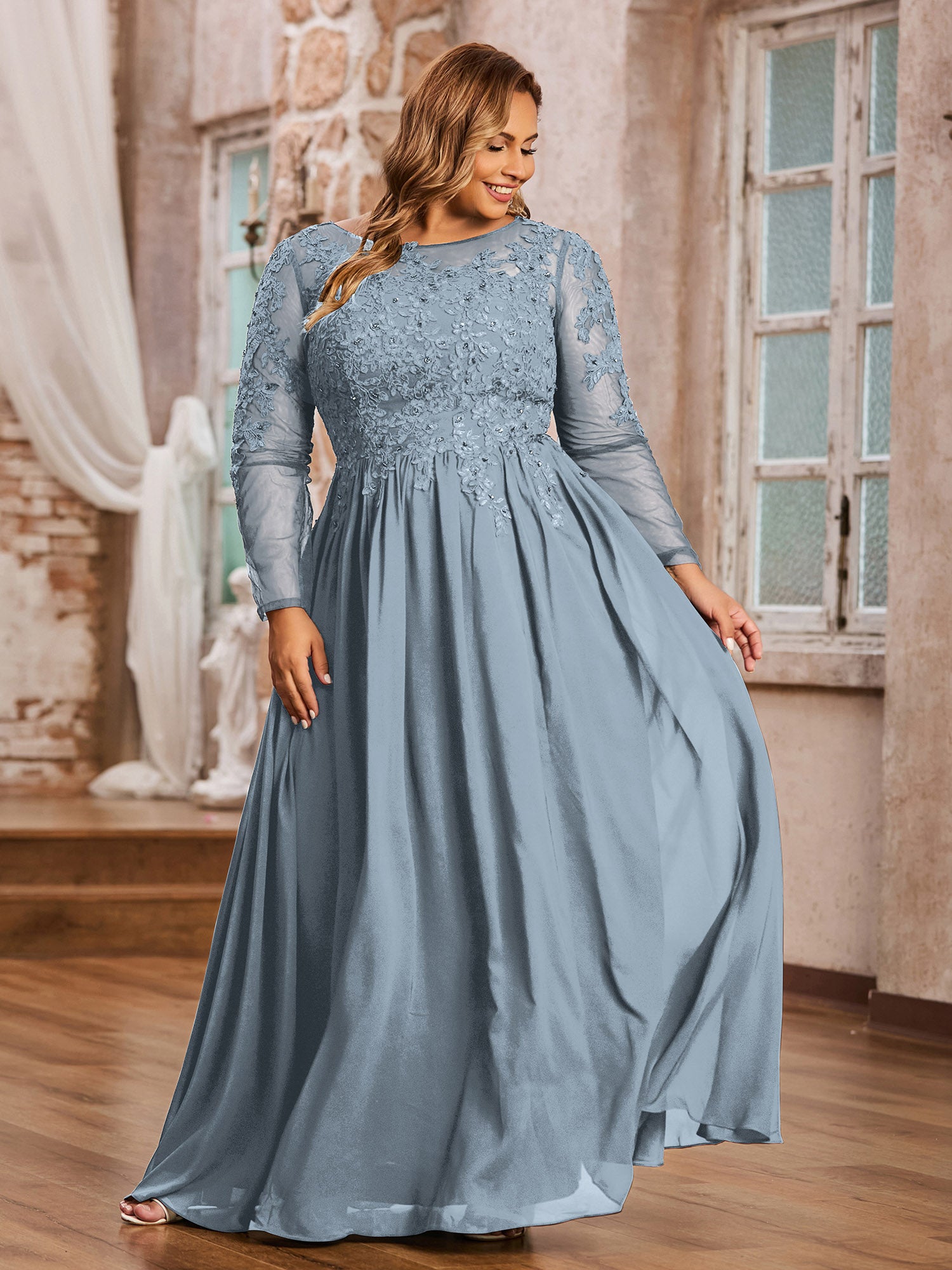 BABARONI Tulle Dusty Blue Bridesmaid Dresses Bateau Floor-length Long