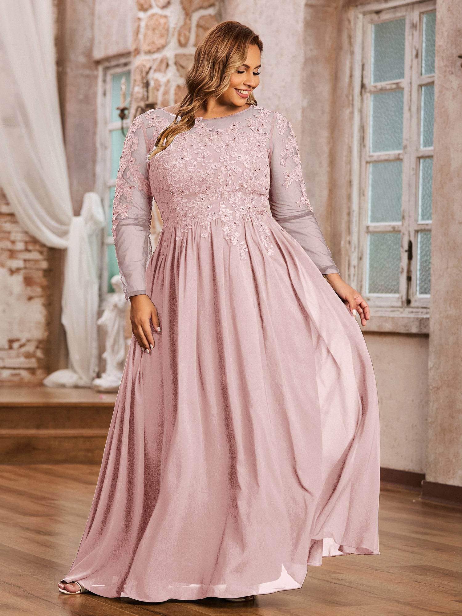 Ivory Lace Bodice Halter Long Dresses Dusty Rose Plus Size main image 1