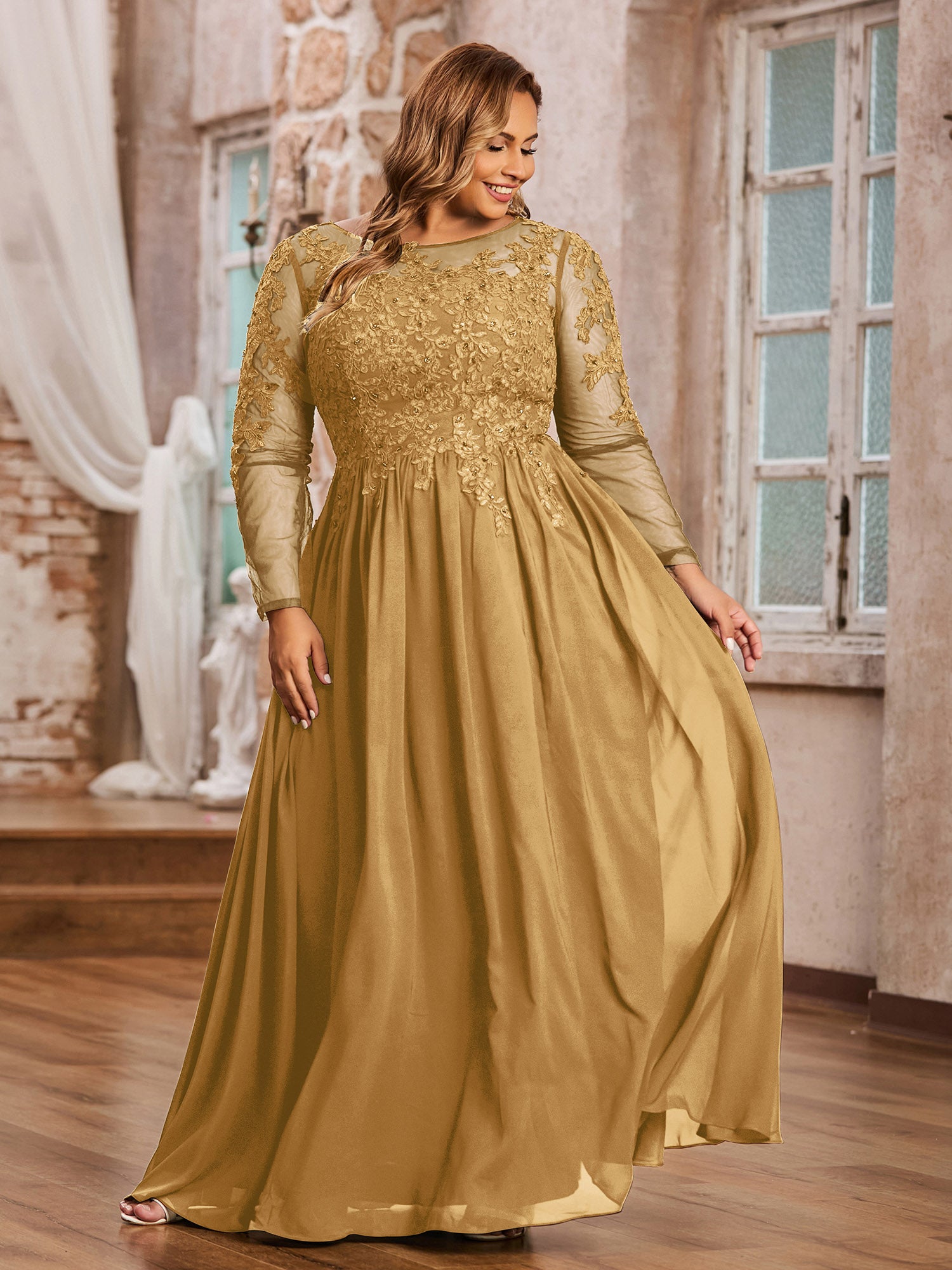 Lace Applique Top Long Bridesmaid Gown Gold Plus Size