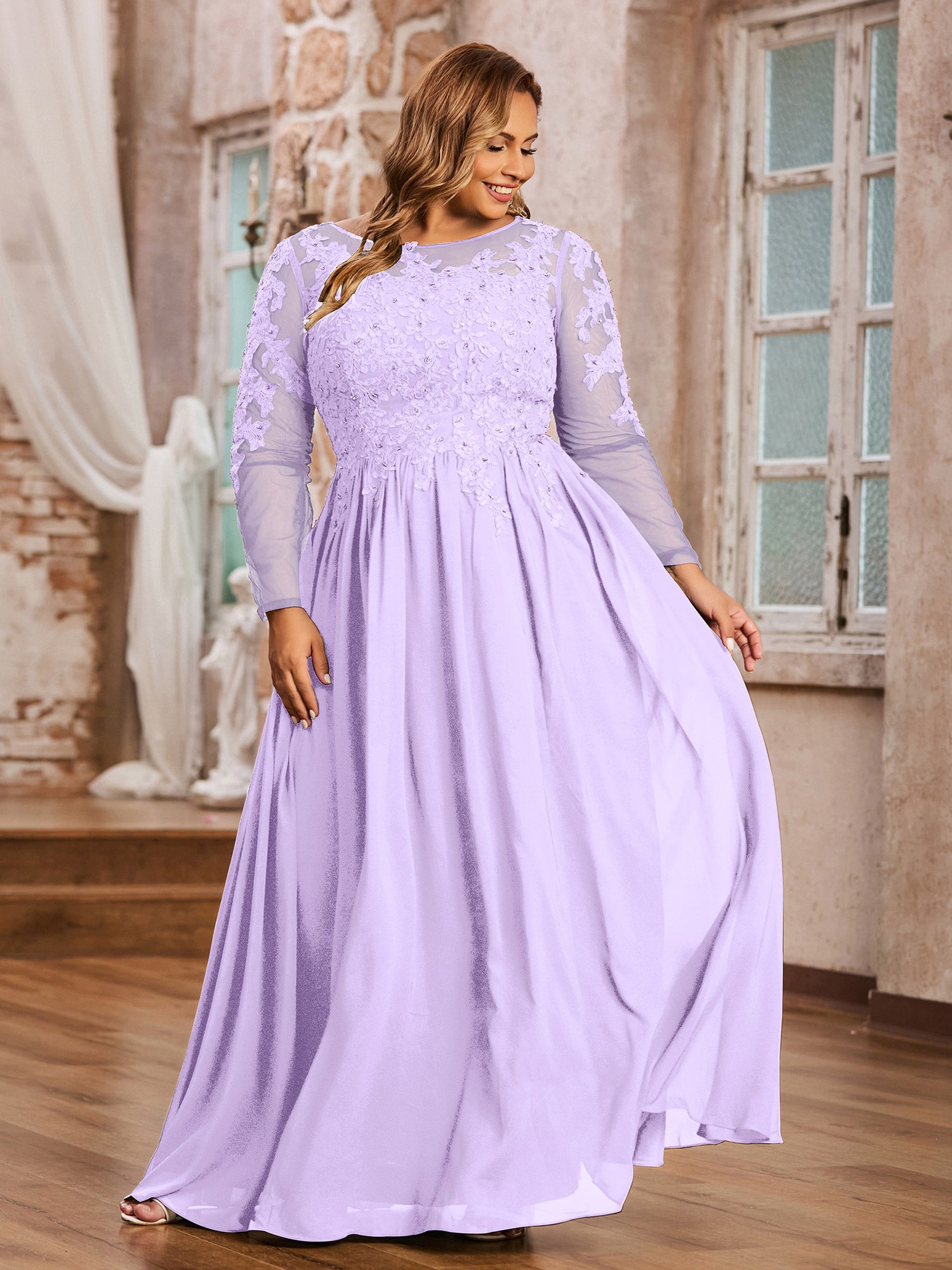 LACE And Chiffon Corset Back Dresses Lilac Plus Size