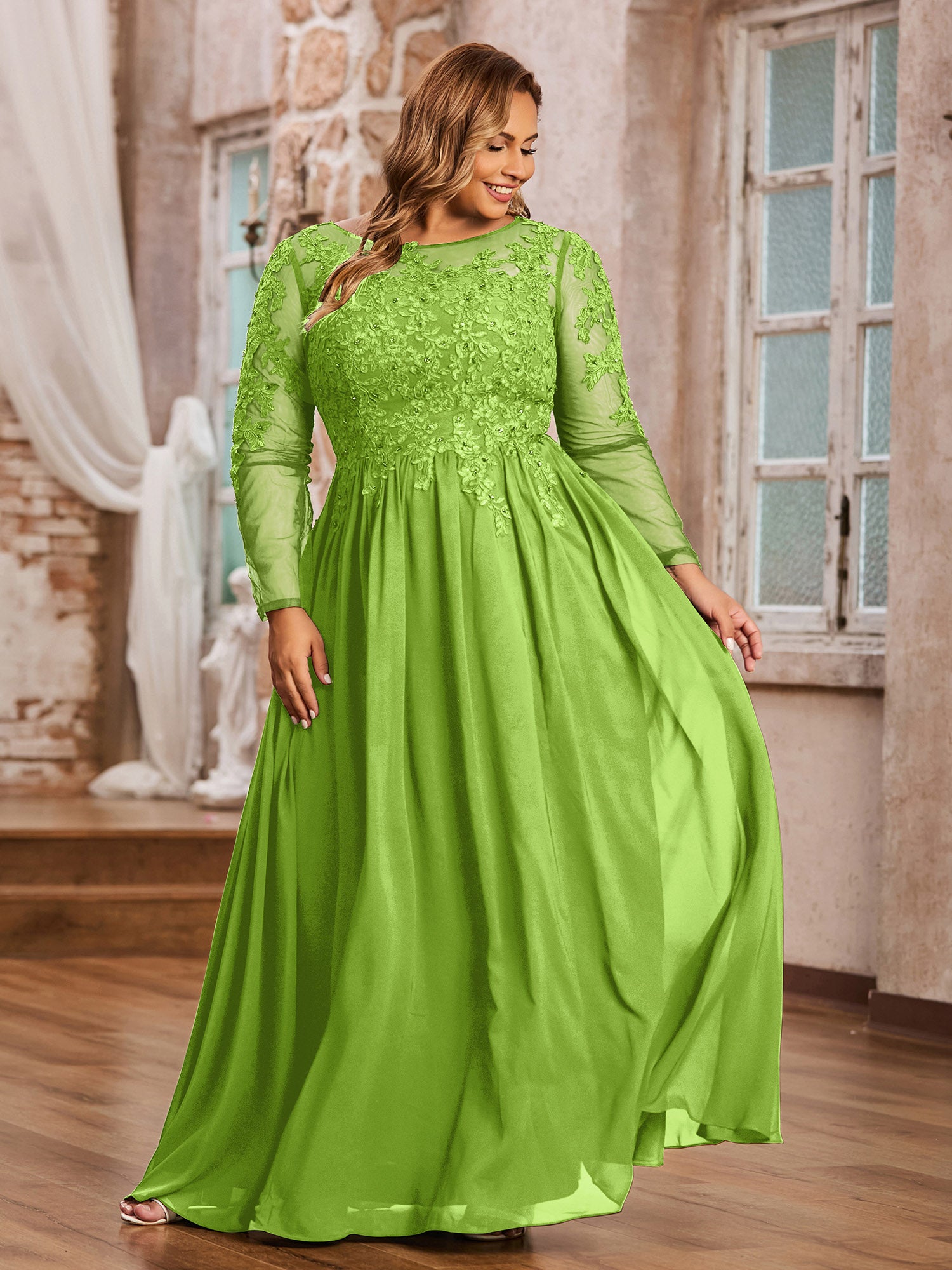 BABARONI Tulle with Appliqued Long Sleeves Dress-Lime Green, Lime Green / US0