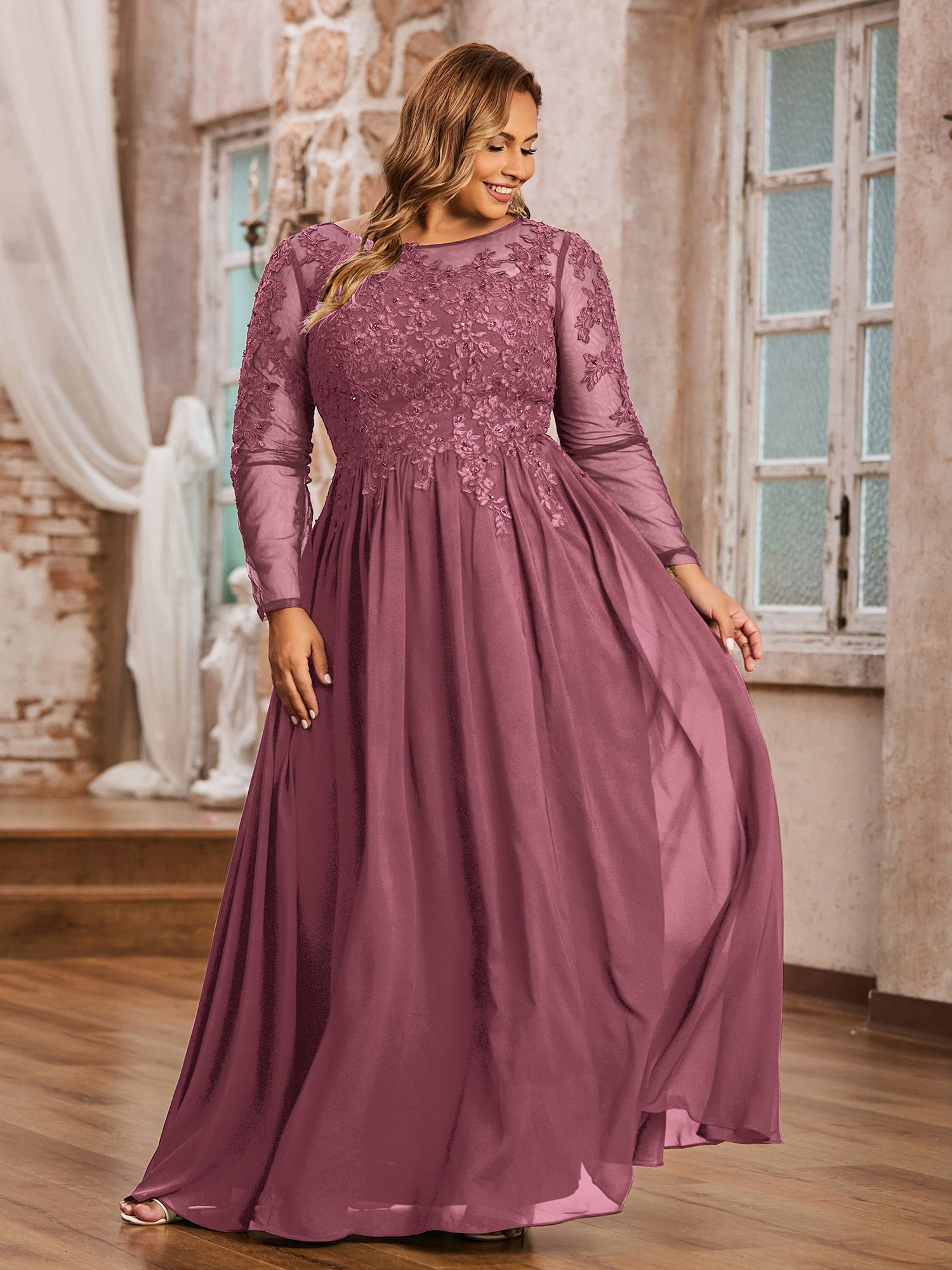 Tulle with Lace Appliqued Long Dresses Dusty Blue Plus Size main image 0