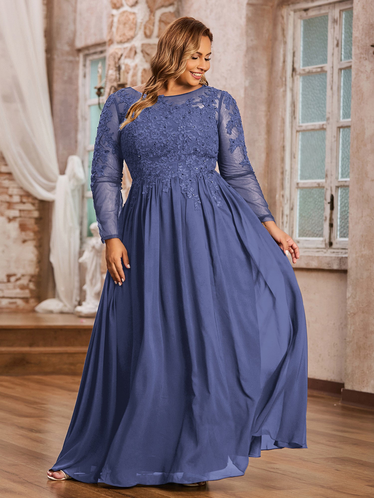 Lace Applique Top Long Bridesmaid Gown Periwinkle Plus Size