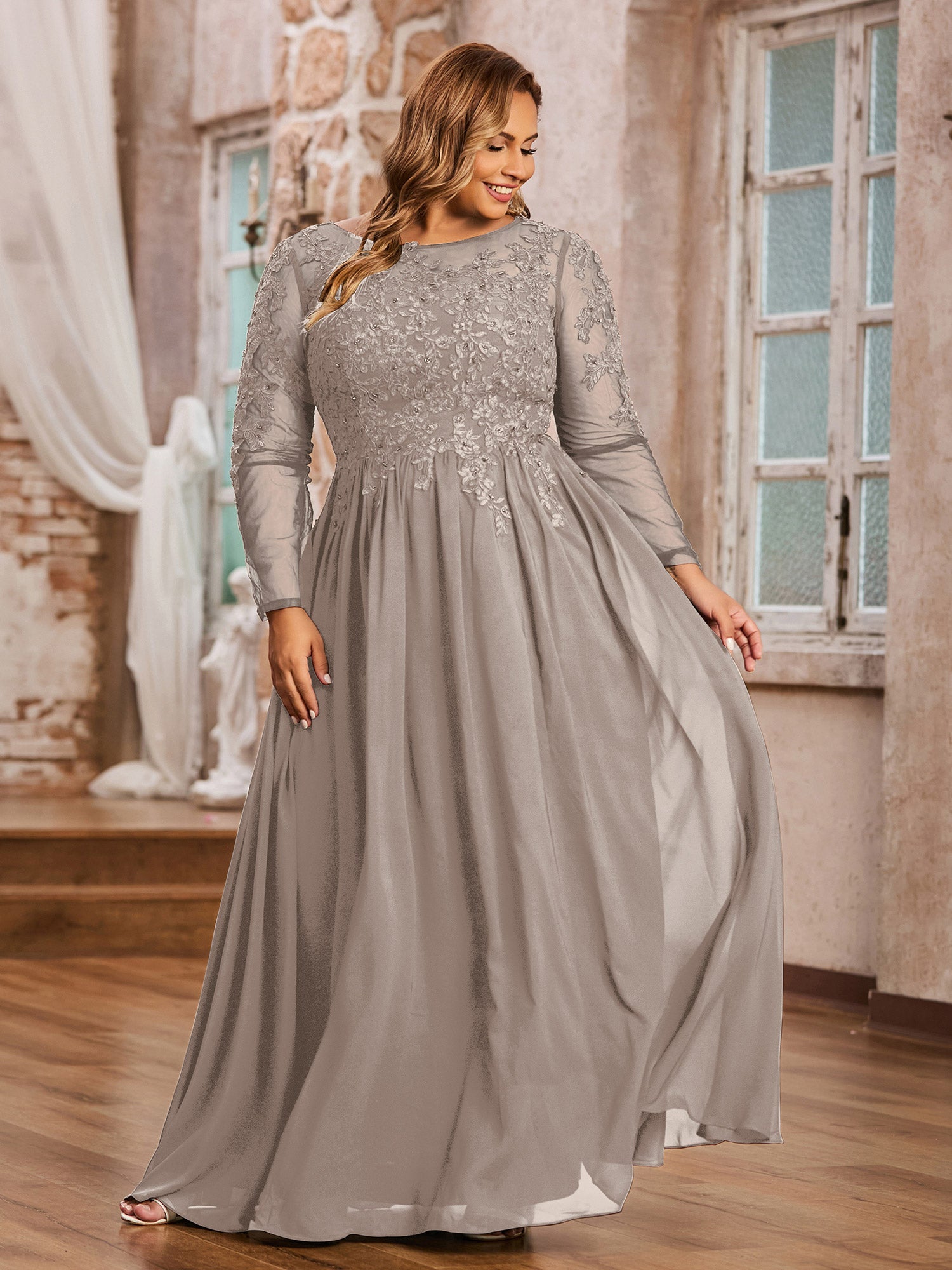BABARONI Tulle with Appliqued Long Sleeves Dress-Taupe Plus size, Taupe / US18