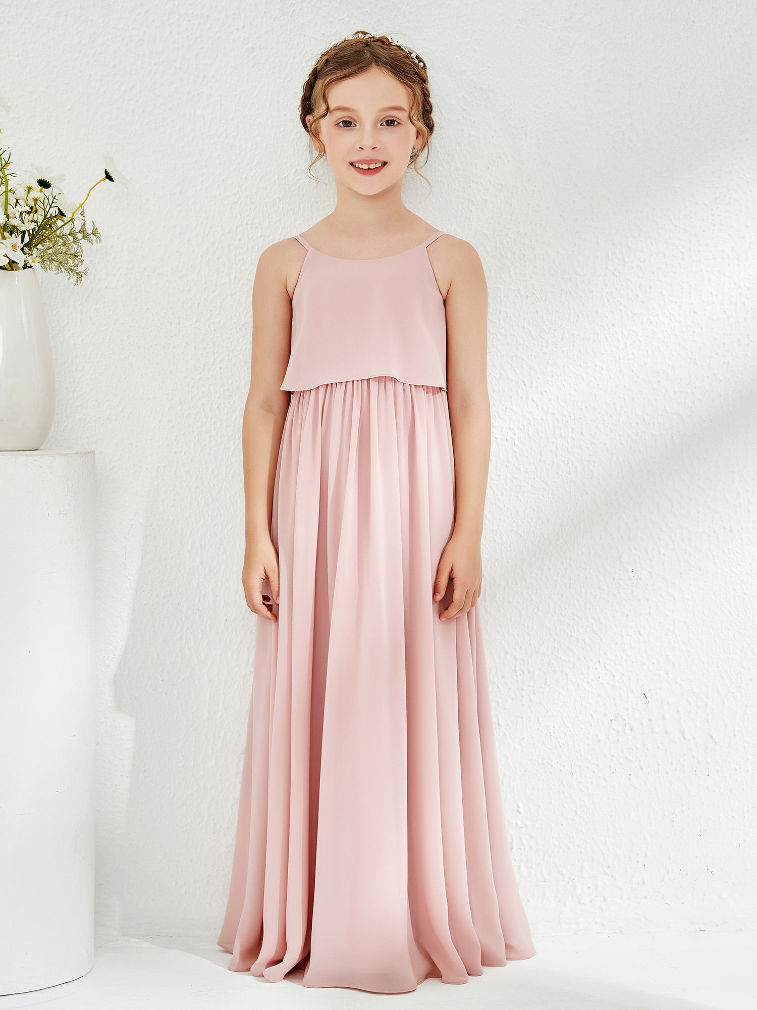 One-Shoulder Slit Detail Long Junior Bridesmaid Dress Dusty Rose main image 0