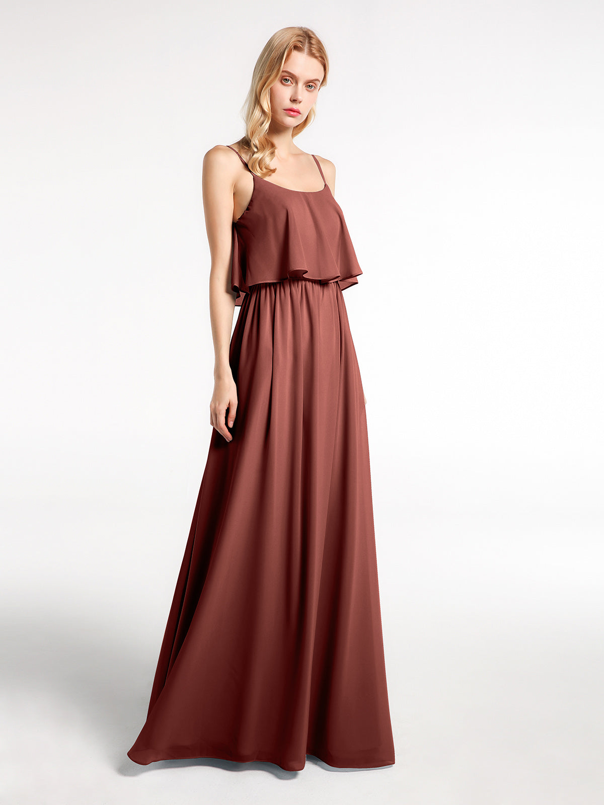 Spaghetti Straps V-neck Chiffon Dress With Slit Terracotta