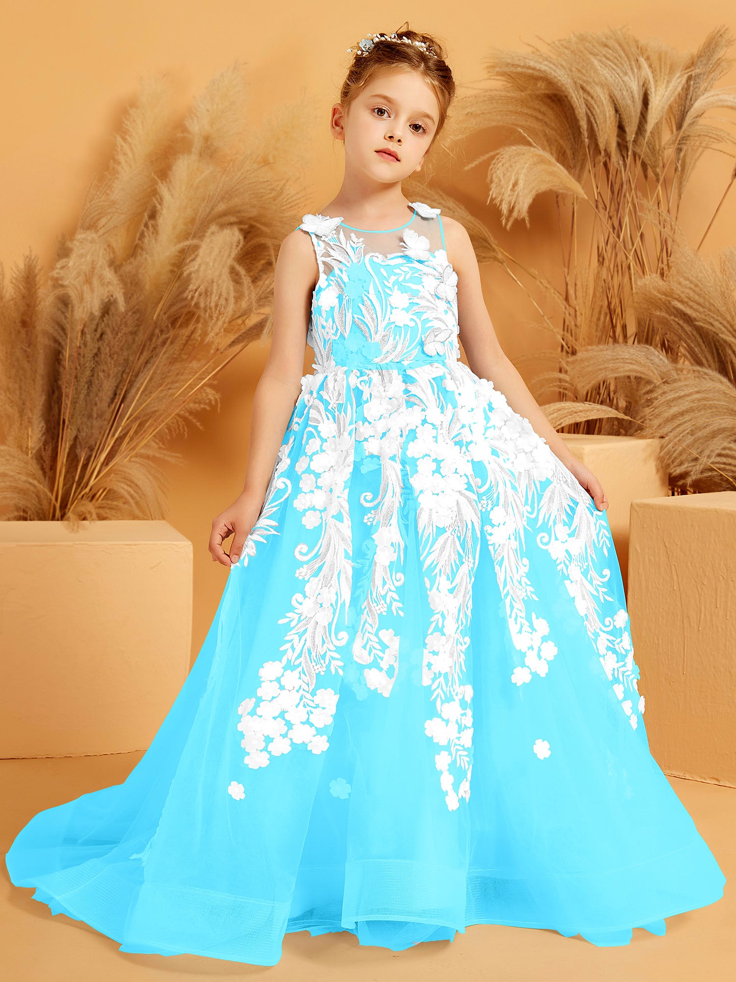 Tulle with Lace Appliqued Long Dresses Pool