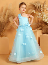 One Shoulder with Flower Floor Length Flower Girl Dress Sky Blue