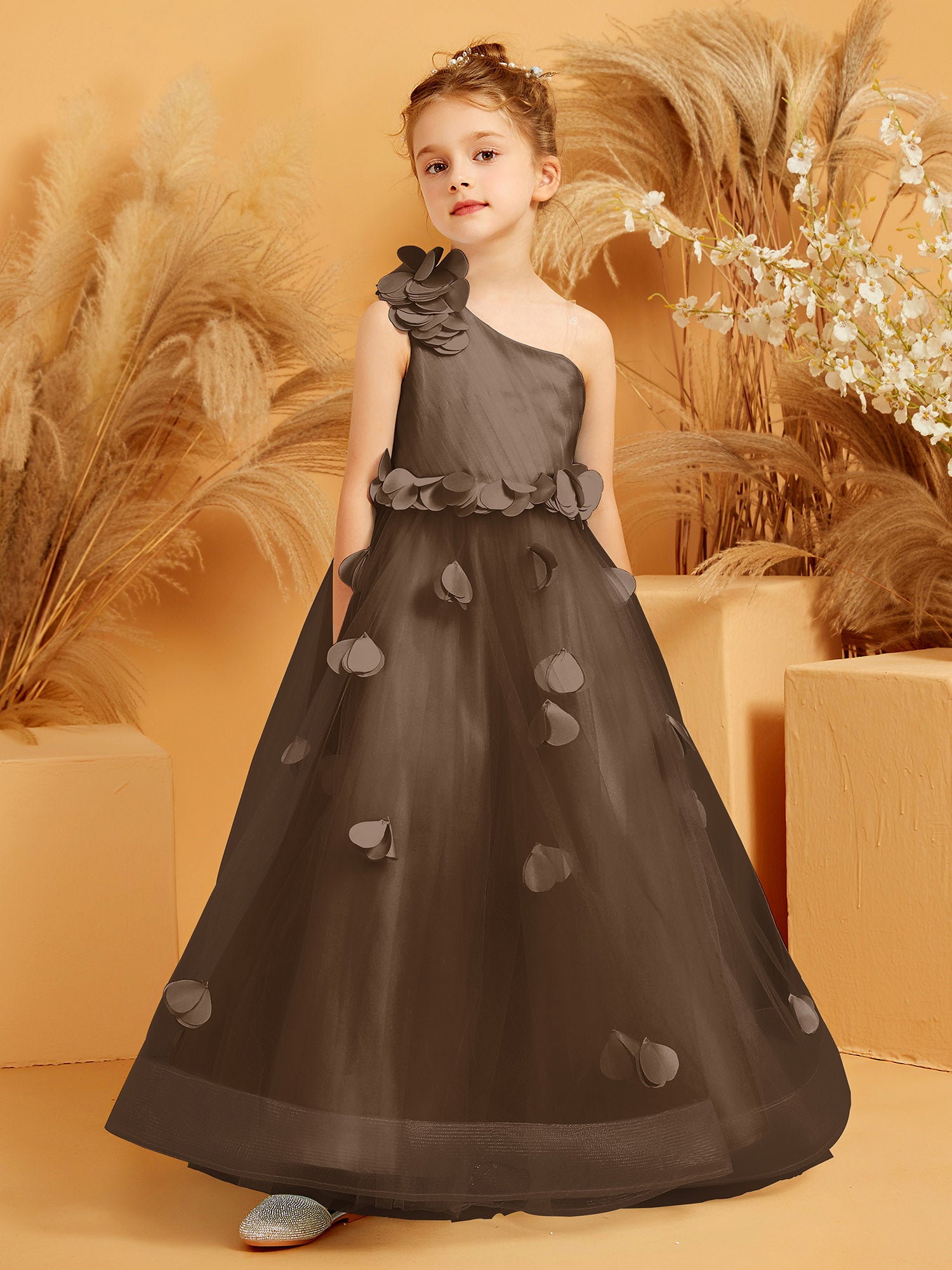 brown flower girl dress Flower Girl Dress Sleeveless Burnt Orange Mermaid Style Junior Bridesmaid Dress 5/6 / Dress/Plain Sash main image 1