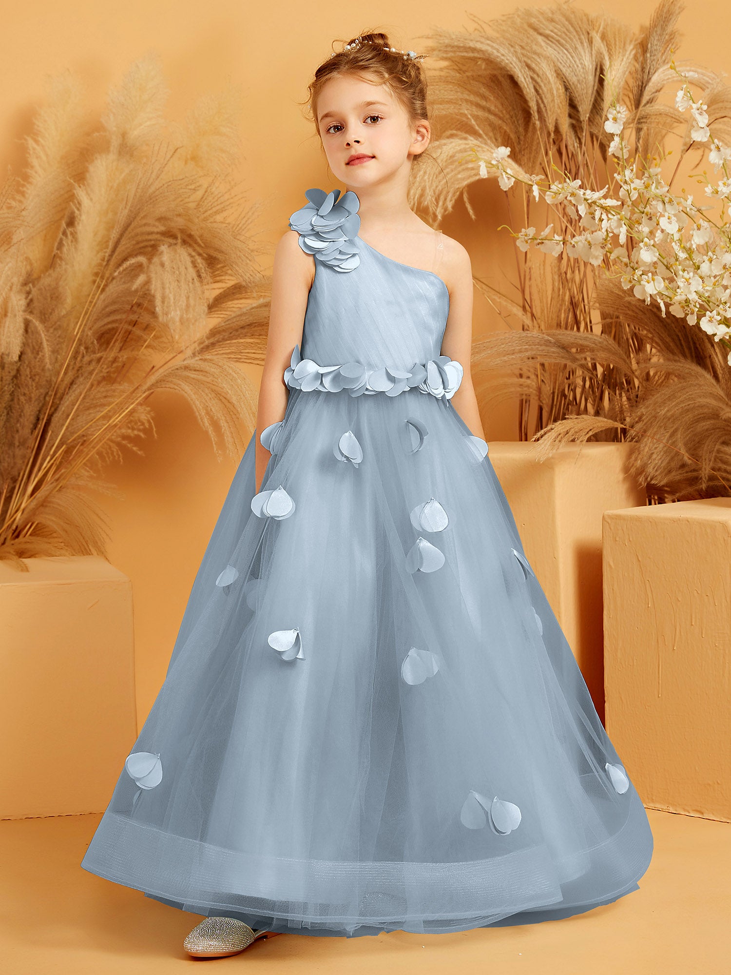 BABARONI Flower Girl Dress - One Shoulder Floor-Length Gown with Hand-Made Flowers BABARONI Flower Girl Dress - One Shoulder Floor-Length Gown with Hand-Made Flowers