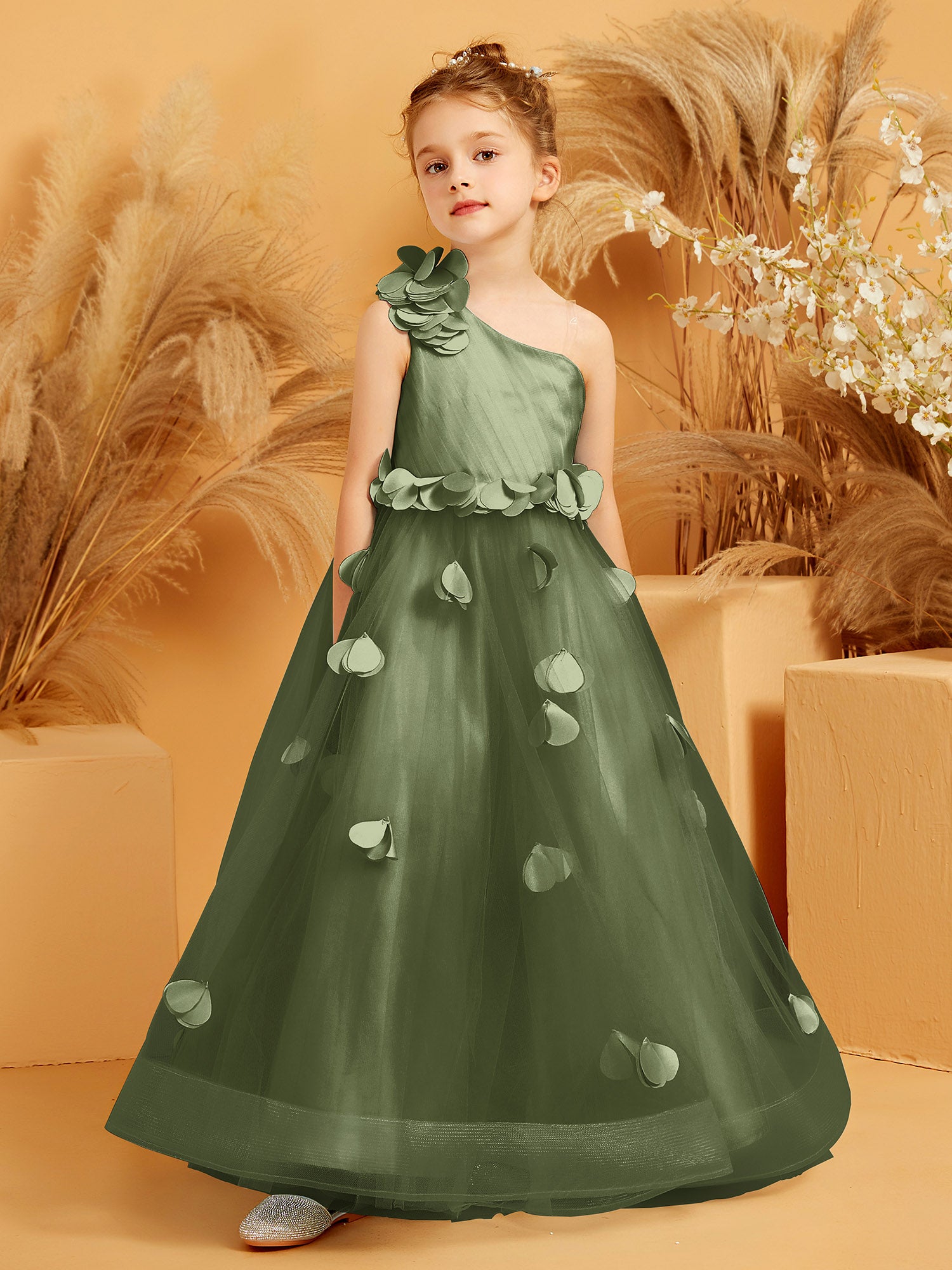 BABARONI Flower Girl Dress - One Shoulder Floor-Length Gown with Hand-Made Flowers BABARONI Flower Girl Dress - One Shoulder Floor-Length Gown with Hand-Made Flowers