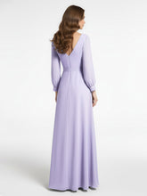 V-neck Bishop Sleeves Chiffon Dress with Bow-Lilac