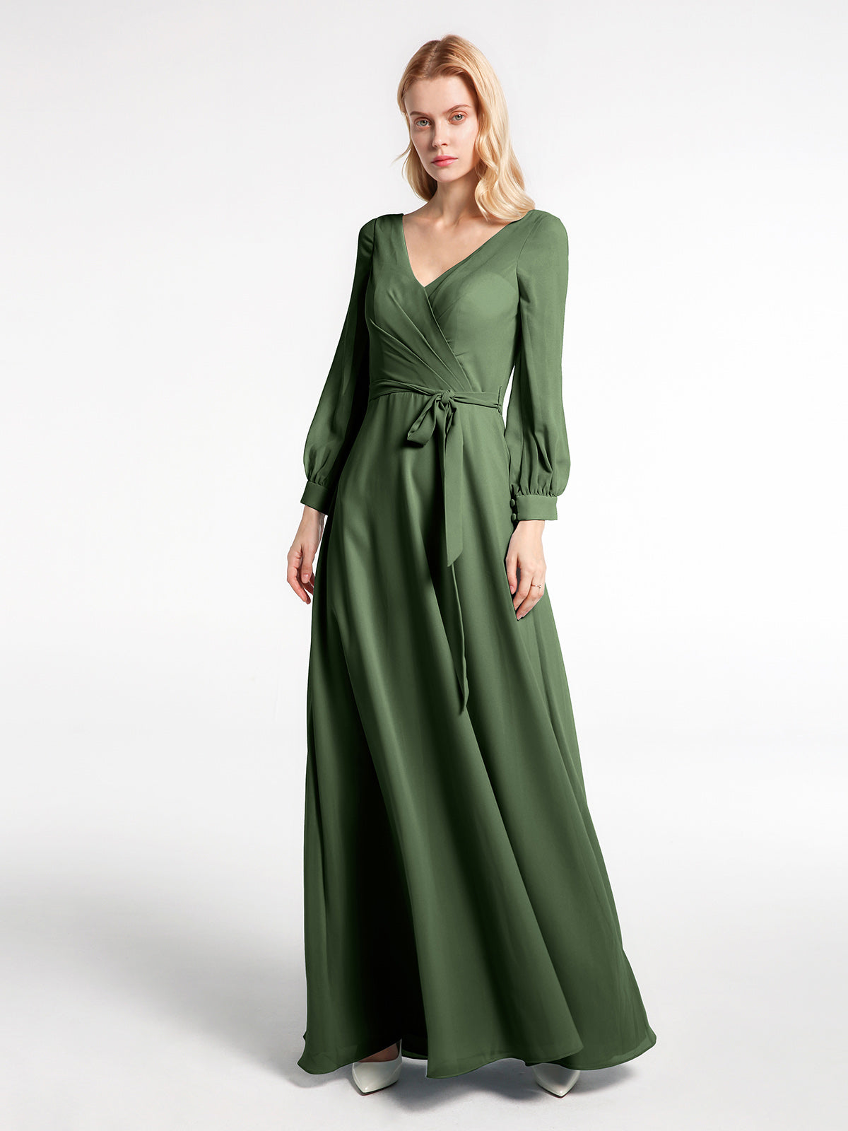 BABARONI V-neck Bishop Sleeves Chiffon Dress with Bow-Olive Green Plus Size, Olive Green / US18 BABARONI V-neck Bishop Sleeves Chiffon Dress with Bow-Olive Green Plus Size, Olive Green / US18