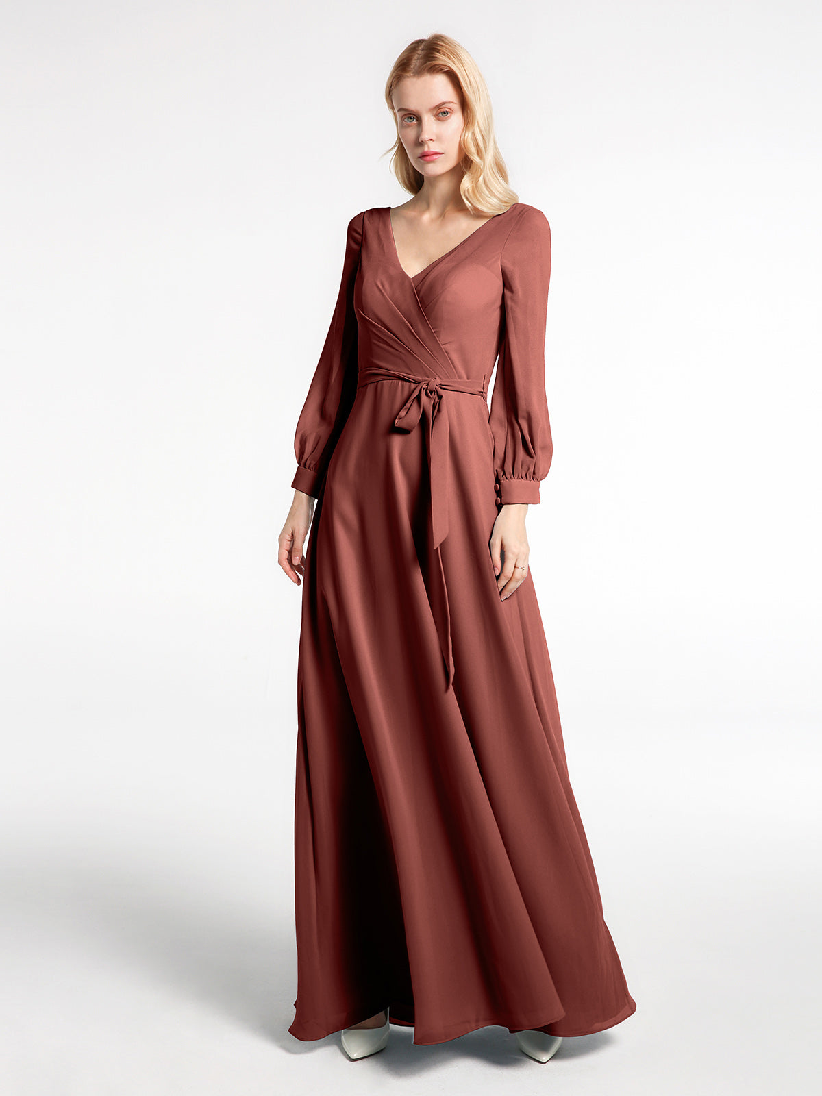 BABARONI V-neck Bishop Sleeves Chiffon Dress with Bow-Terracotta, Terracotta / US0