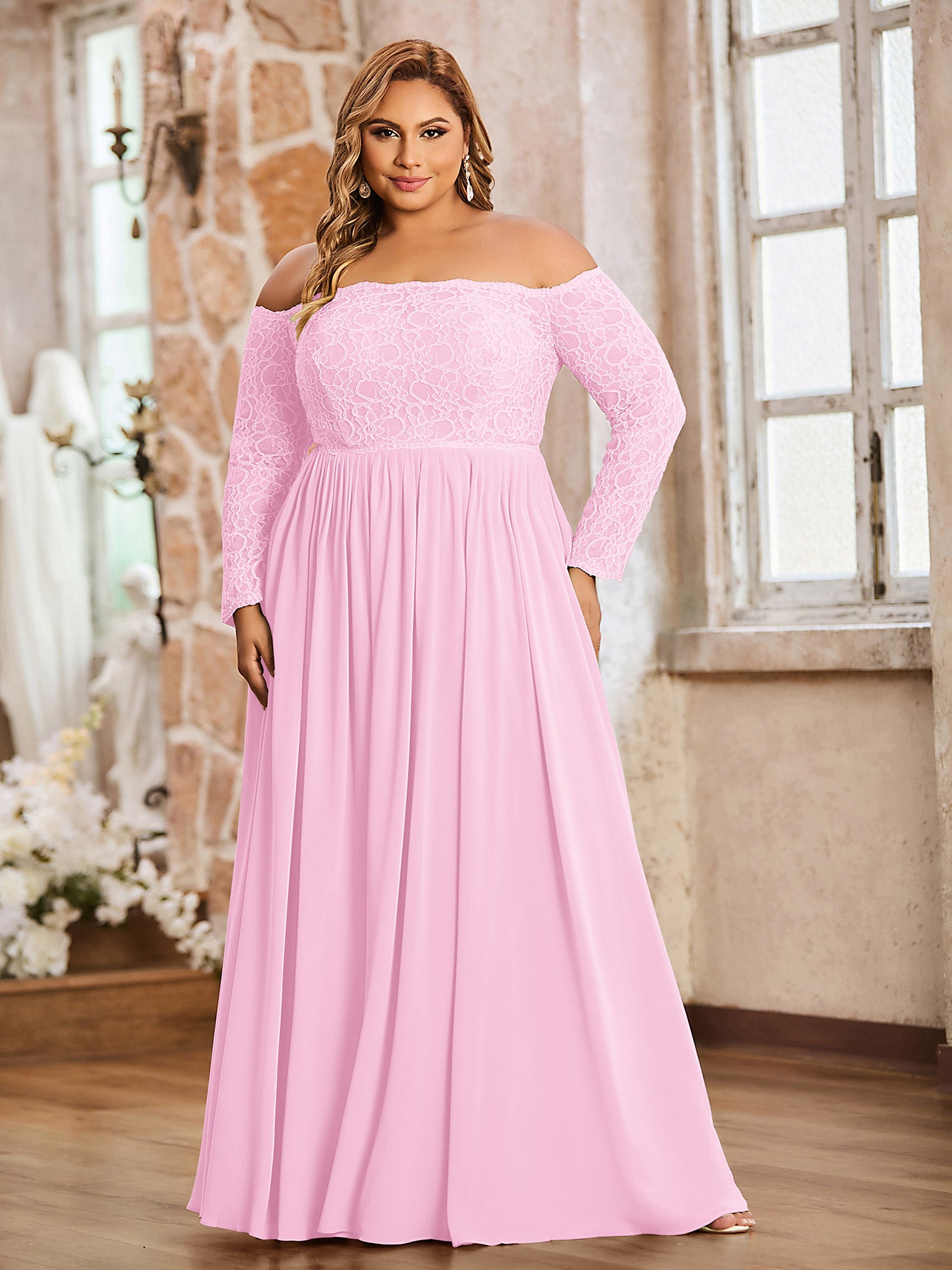 Tea-Length Chiffon Dress With Jacket Candy Pink Plus Size