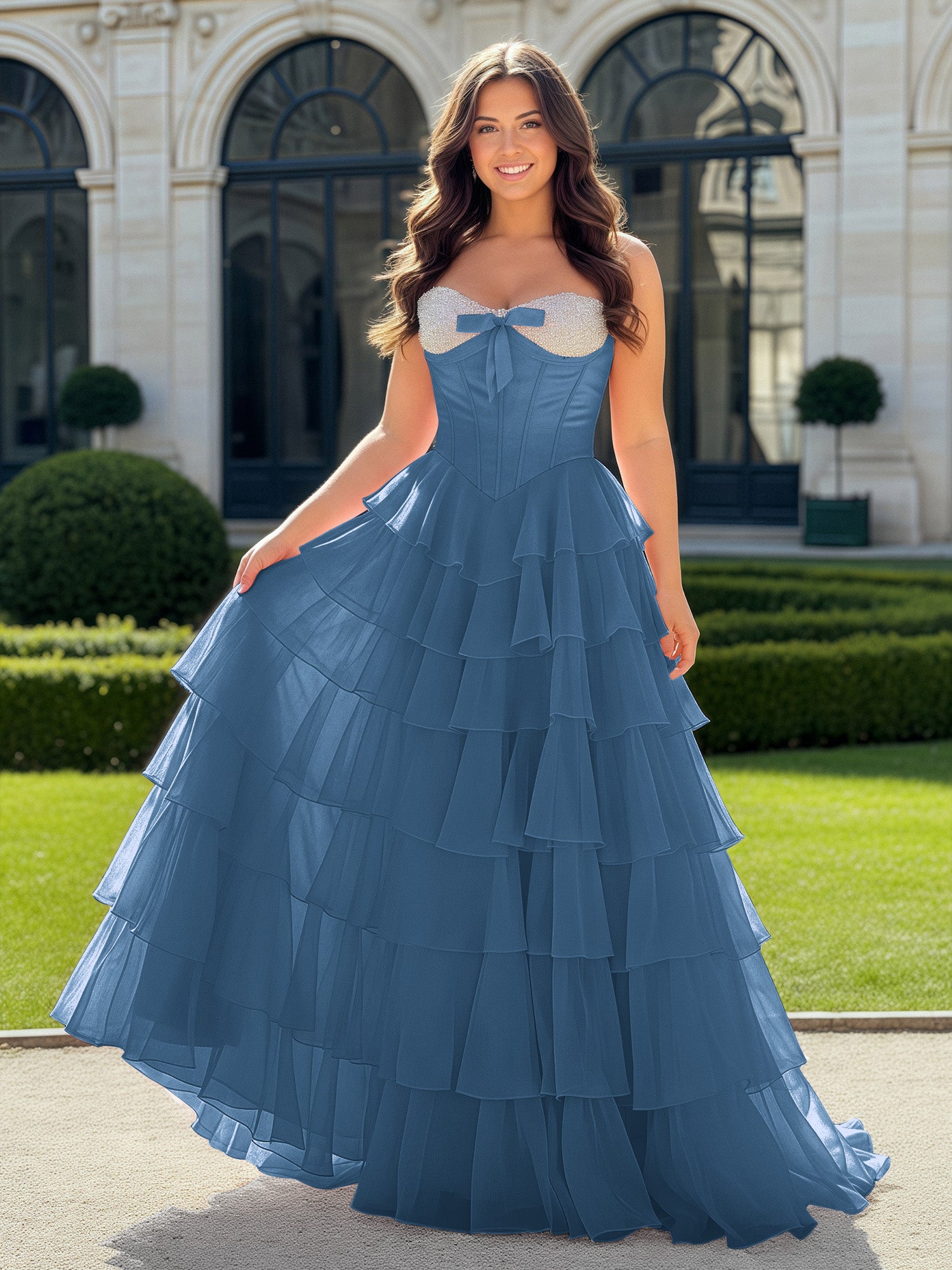 BABARONI Chiffon Slate Blue Prom Dresses A-line Sweetheart Beaded Bow