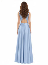 Open Back Long Satin Gown with V-neck-Sky Blue
