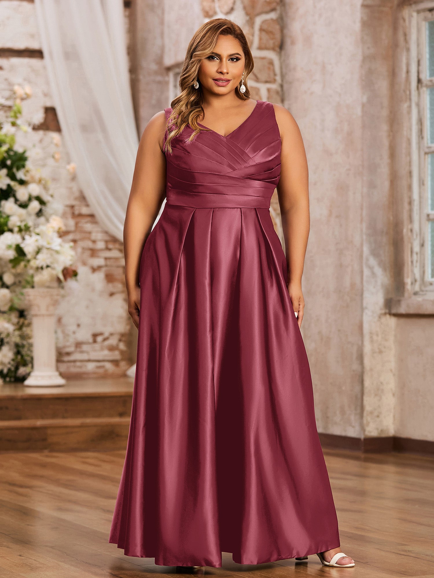 BABARONI Satin Cinnamon Rose Bridesmaid Dresses V-neck Floor-length Backless Sleeveless Ruffle A-line BABARONI Satin Cinnamon Rose Bridesmaid Dresses V-neck Floor-length Backless Sleeveless Ruffle A-line