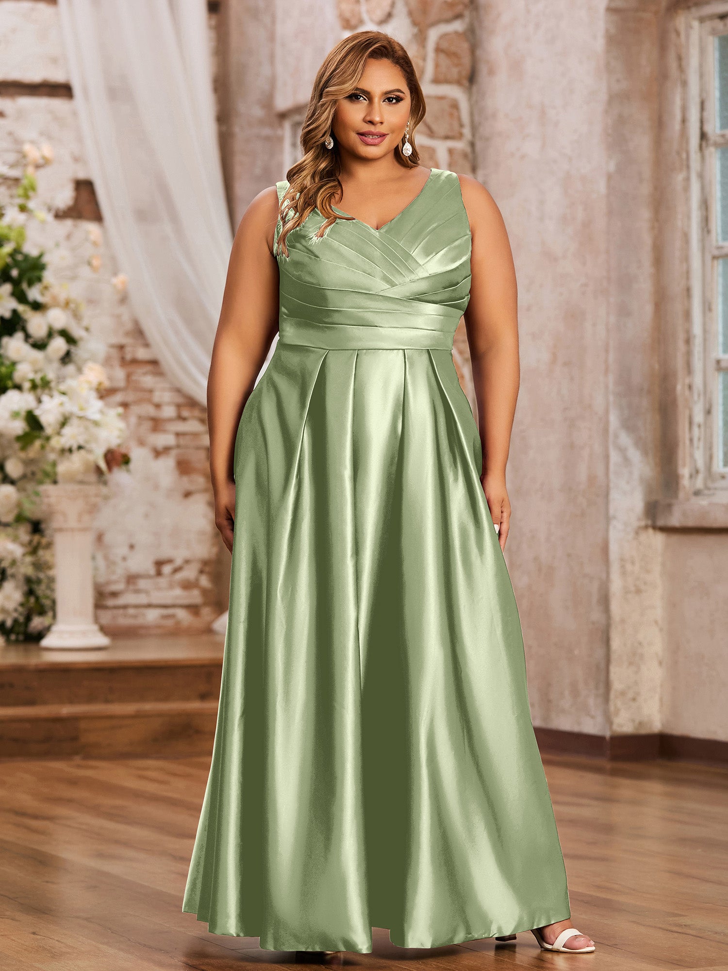 Illusion Neck Gowns with Lace Bodice Dusty Sage Plus Size