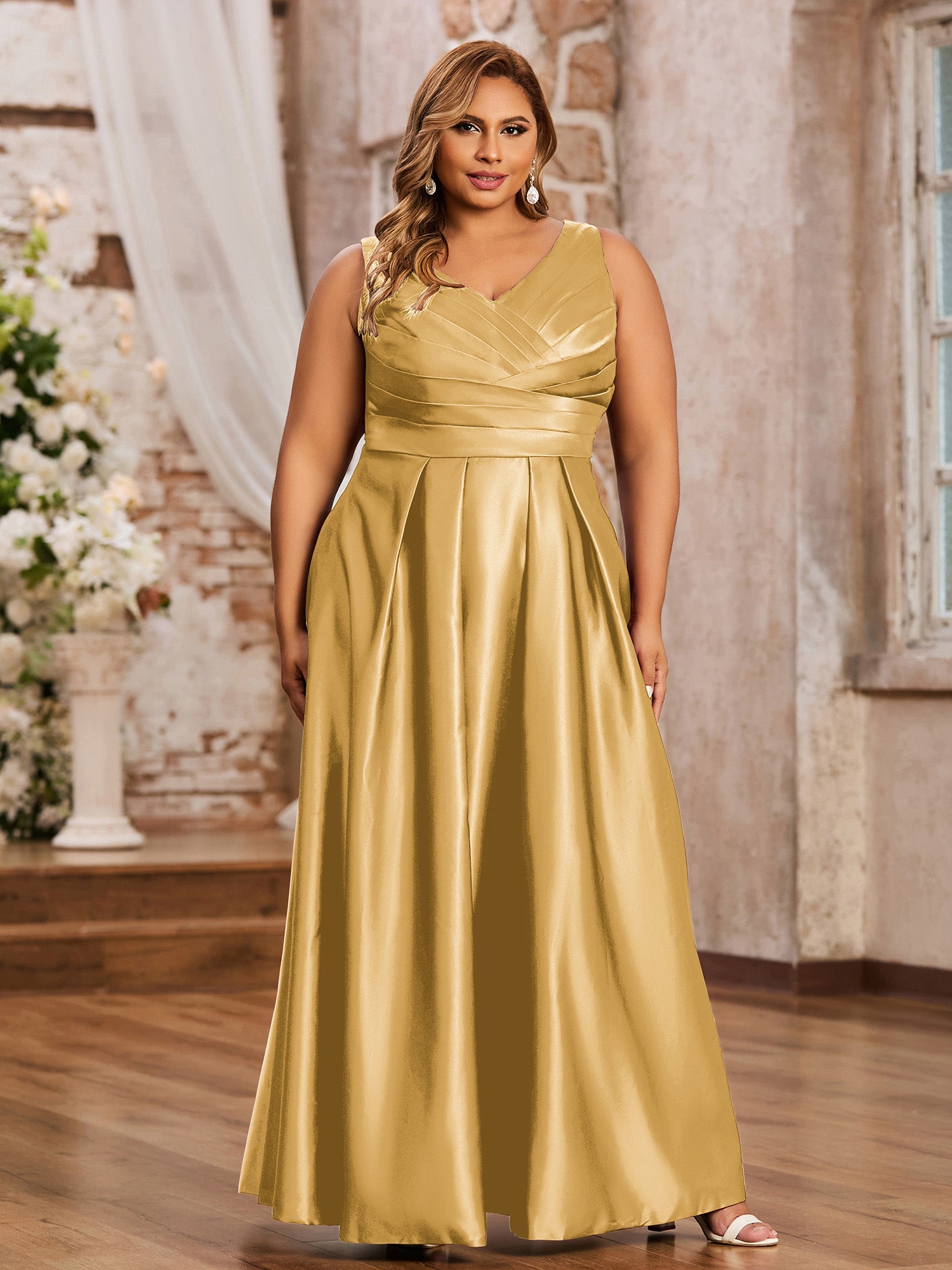BABARONI Satin Gold Bridesmaid Dresses V-neck Floor-length Backless  Sleeveless Ruffle A-line