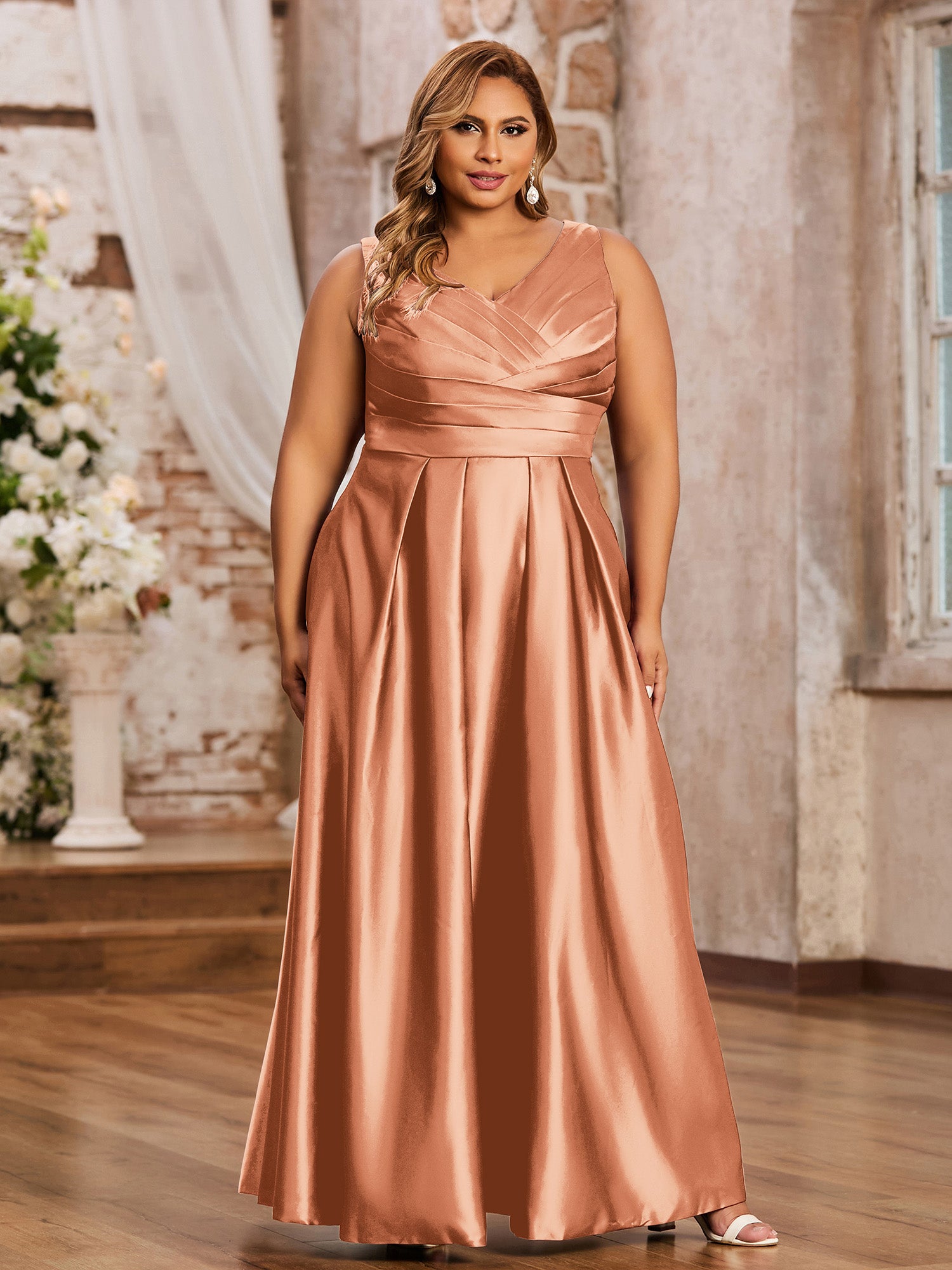 BABARONI Open Back Long Satin Gown with V-neck-Papaya, Papaya / US0