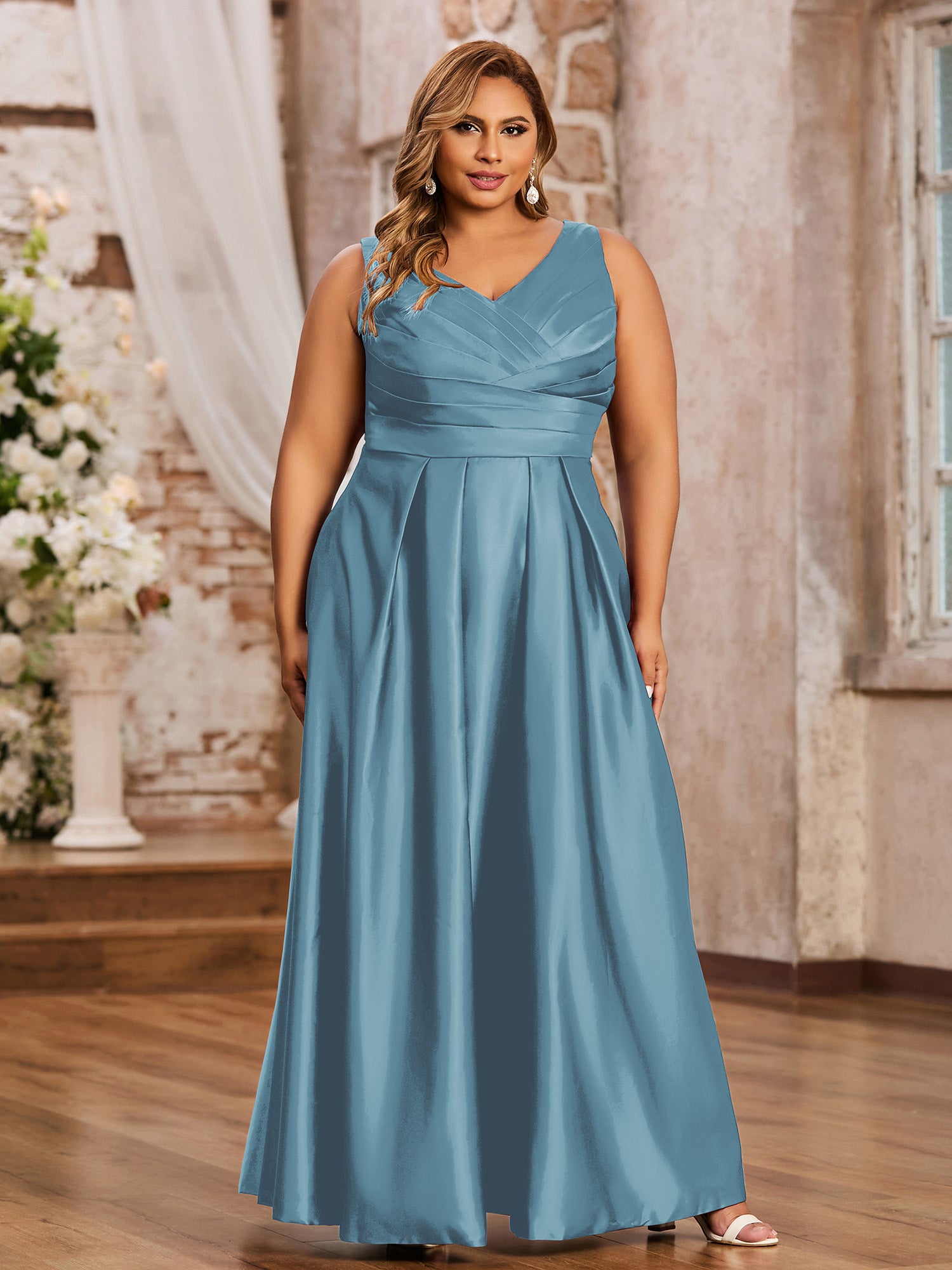 BABARONI Satin Slate Blue Bridesmaid Dresses V-neck Floor-length Backless Sleeveless Ruffle A-line BABARONI Satin Slate Blue Bridesmaid Dresses V-neck Floor-length Backless Sleeveless Ruffle A-line