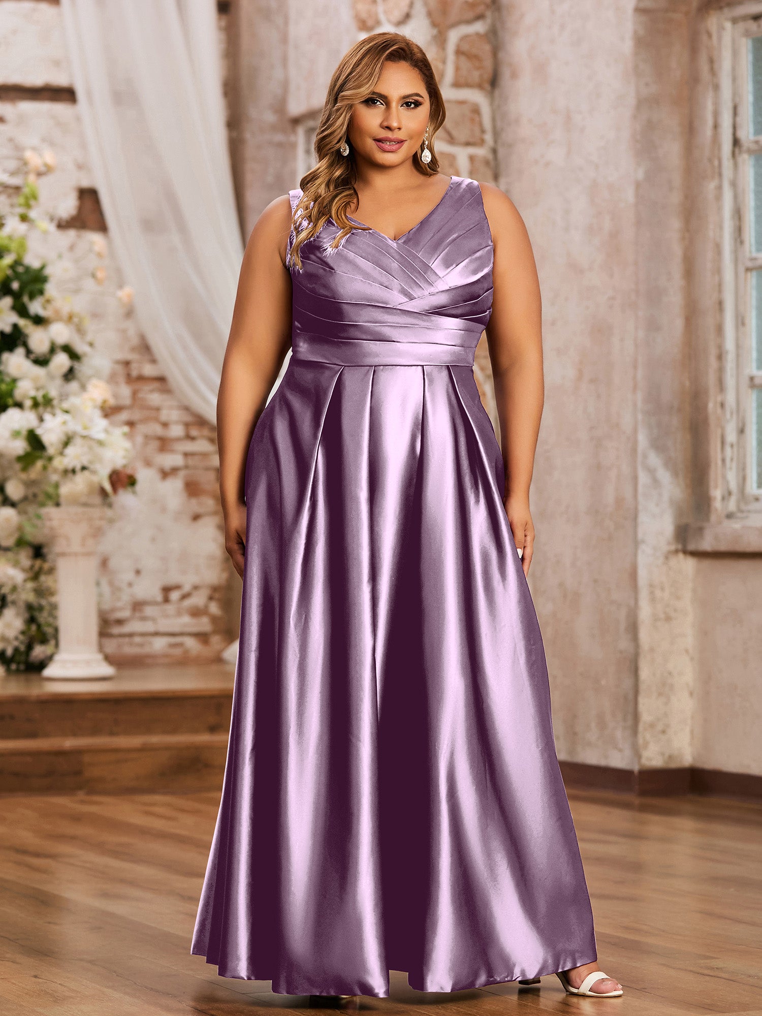 chinese dress ladies Open Back Long Satin Gown with V-neck-Wisteria