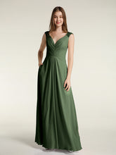 Lace Straps V-neck Chiffon Dresses with Pockets-Olive Green