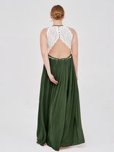 Halter Maxi Dress with Ivory Lace Bodice-Olive Green