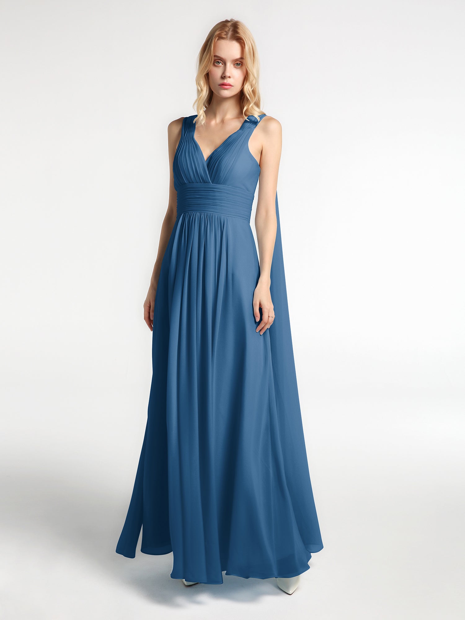 V Neck Chiffon Dress with Streamer at Back Strap Ivory