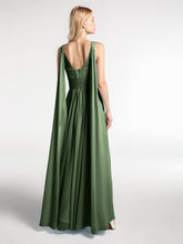 V-neck Chiffon Gown with Streamer at Back Strap-Olive Green