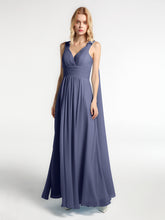 V-neck Chiffon Gown with Streamer at Back Strap-Stormy