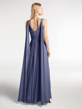 V-neck Chiffon Gown with Streamer at Back Strap-Stormy
