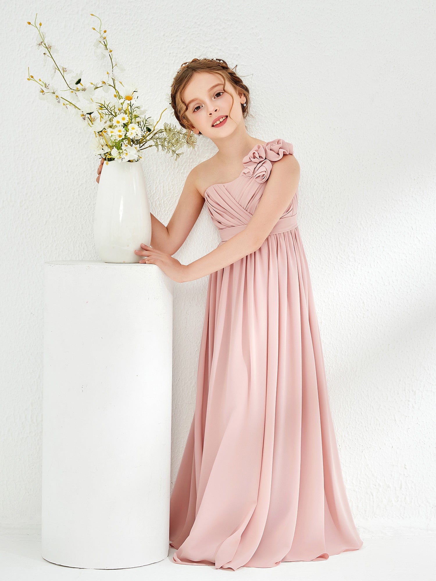 One-Shoulder A-Line Chiffon Long Junior Bridesmaid Dress Pool